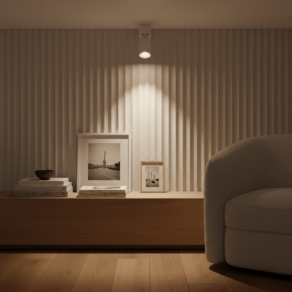 Adjustable surface mount downlight holder illuminating textured wall above a wooden shelf with framed photos.