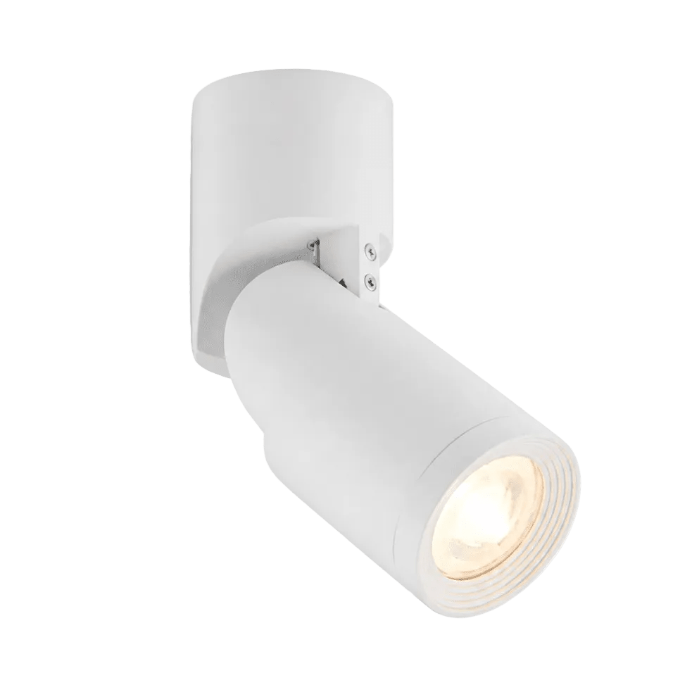 White adjustable surface mount downlight holder with a cylindrical body and a round light fixture.