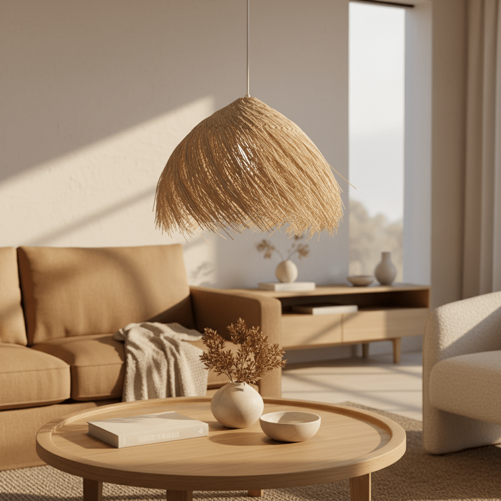 Feather Rattan Pendant Light hanging above a wooden coffee table with decorative items in a cozy living room.