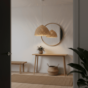 Feather Rattan Pendant Light hanging above a wooden console table with a round mirror and plant.