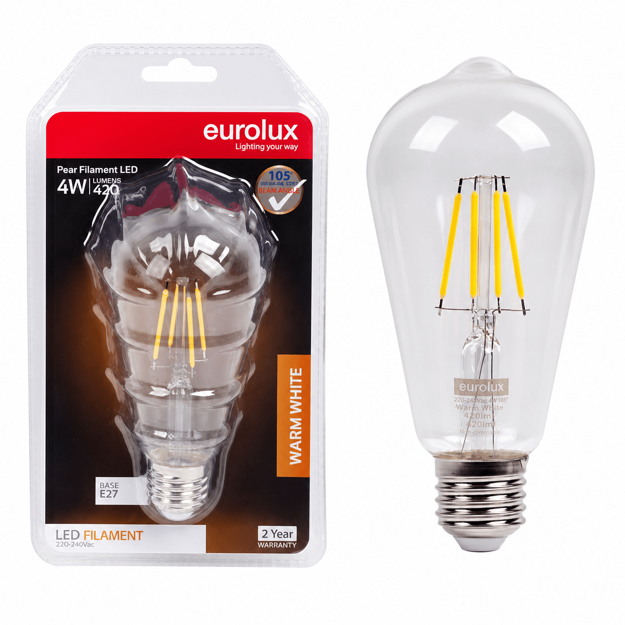 4W Dimmable Clear LED Bulb – E27, 3000K Warm White