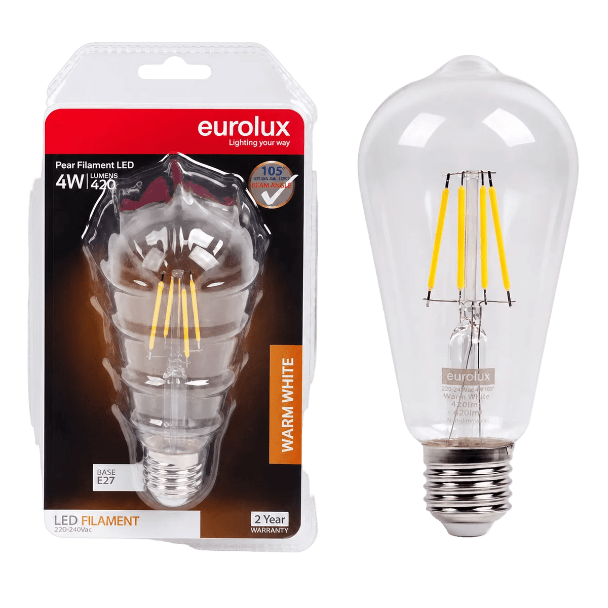 4W Dimmable Clear LED Bulb – E27, 3000K Warm White