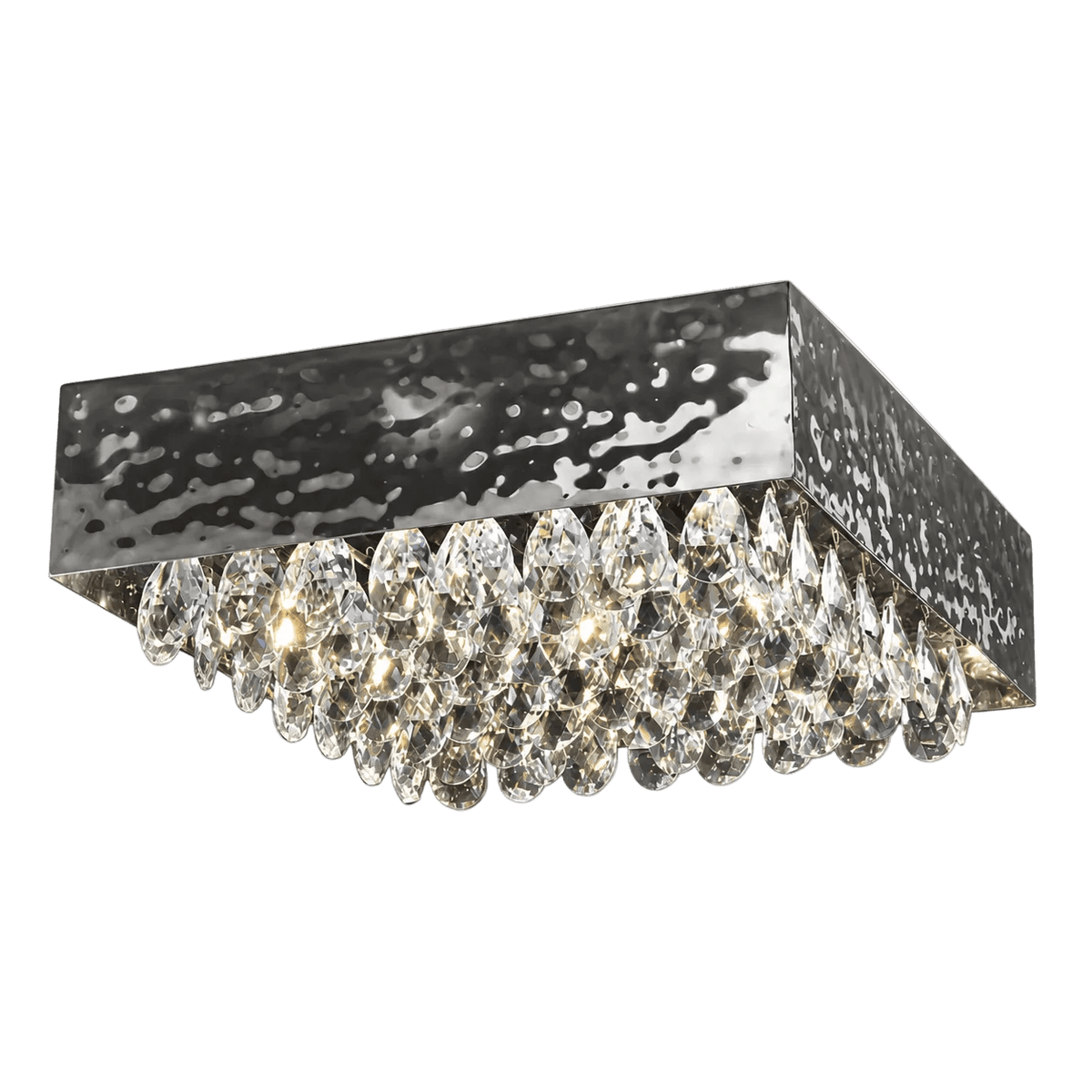 A rectangular ceiling light with a hammered silver finish and a row of crystal droplets underneath.