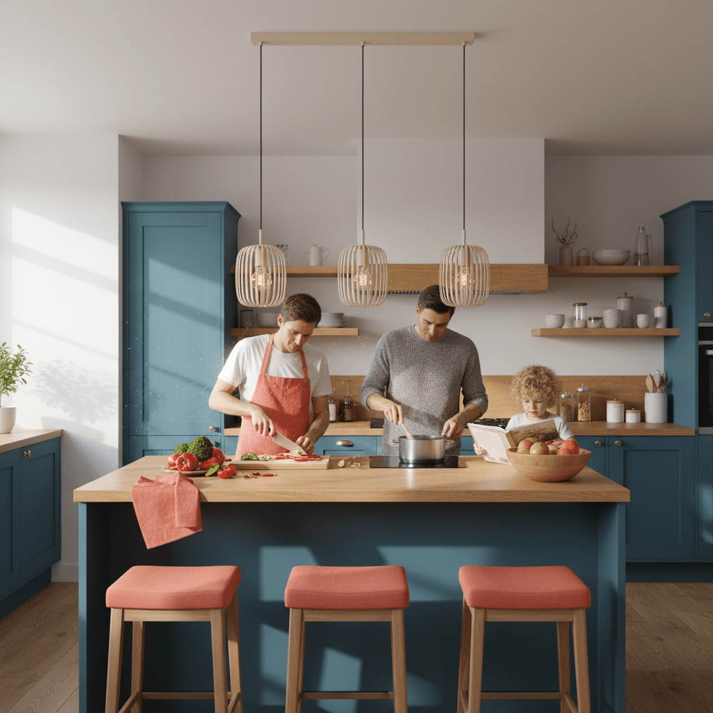 Sandy 3-Light Pendant Light illuminating a kitchen island with two adults cooking and a child reading.