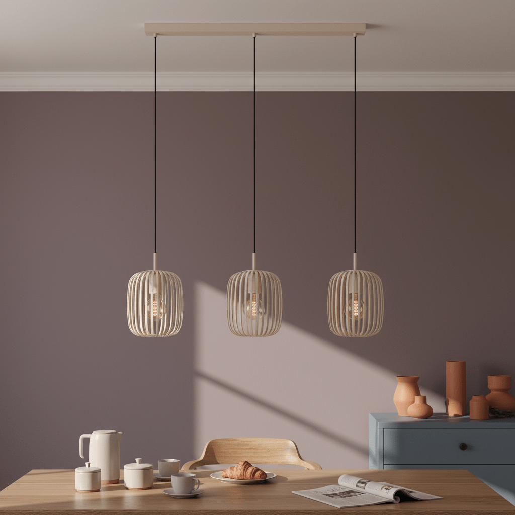 Sandy 3-Light Pendant Light above a dining table, featuring three woven shades and a modern design.