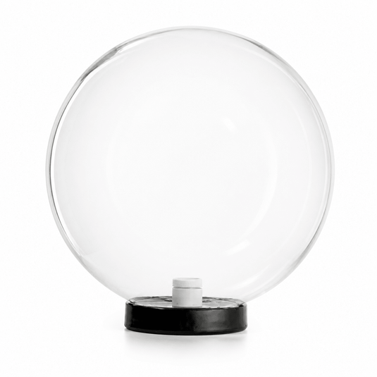 Clear spherical pillar light with a high-impact acrylic body and black base, showcasing a modern design.