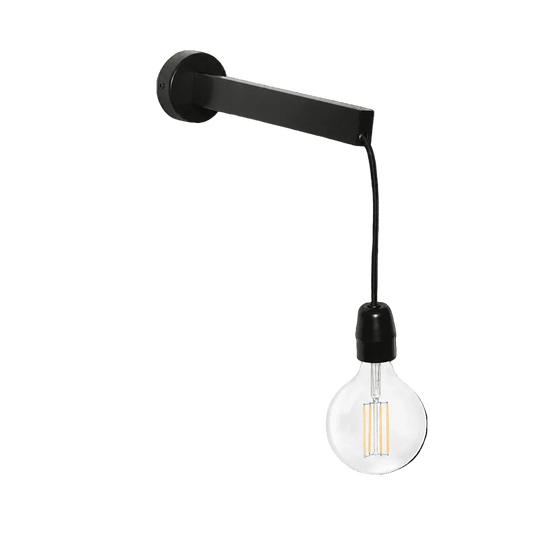 Black wall-mounted light with a horizontal rectangular arm, hanging cord and clear round filament bulb