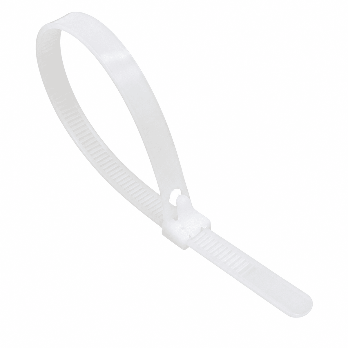 Releasable nylon cable tie in white, featuring a quick-release tab for easy adjustments.