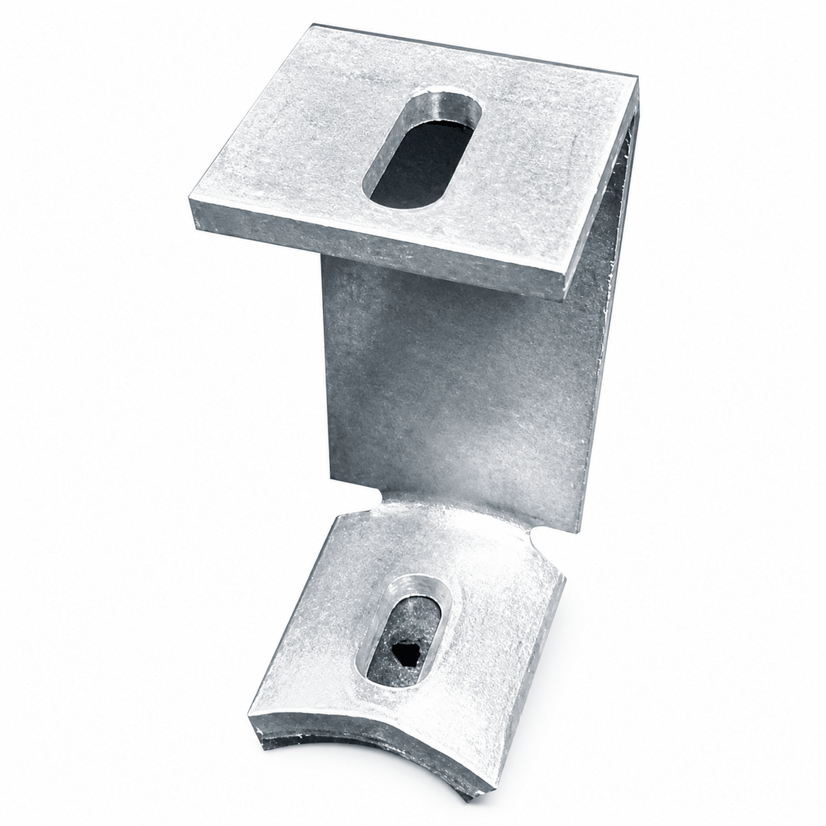 Galvanised high solar C-bracket for mounting solar rails on corrugated roofs, showcasing durable steel construction.