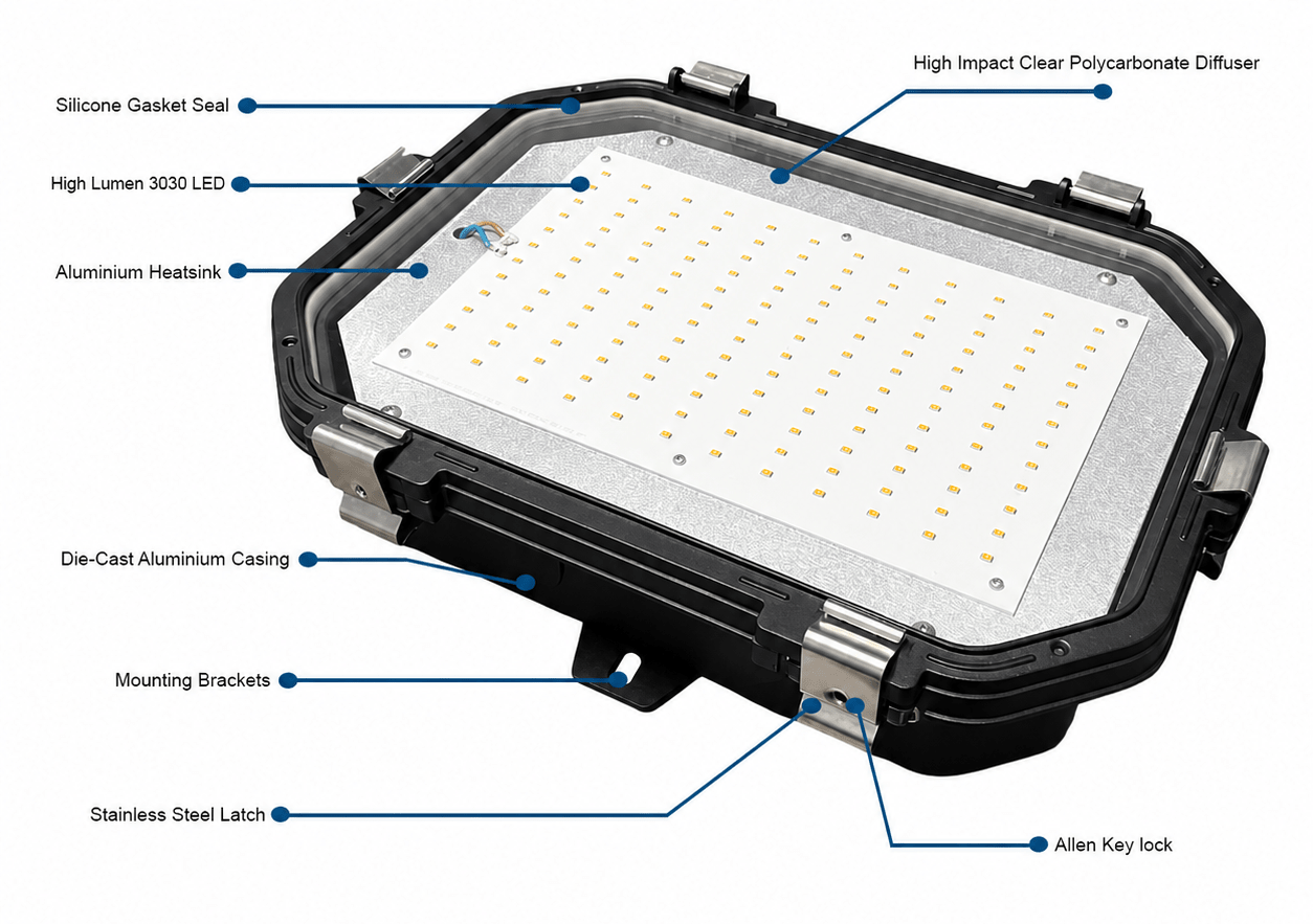 Detailed view of Titan Industrial LED Bulkhead showing components like die-cast aluminum casing and high lumen LED.