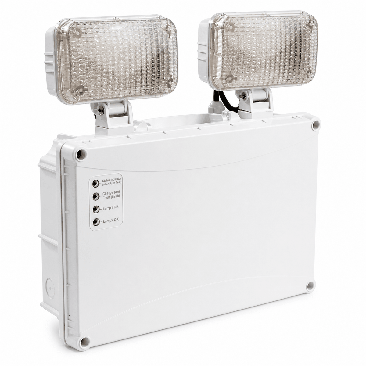 Emergency twin LED floodlight with two adjustable heads and status indicators.