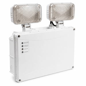 Emergency twin LED floodlight with two adjustable heads and status indicators.