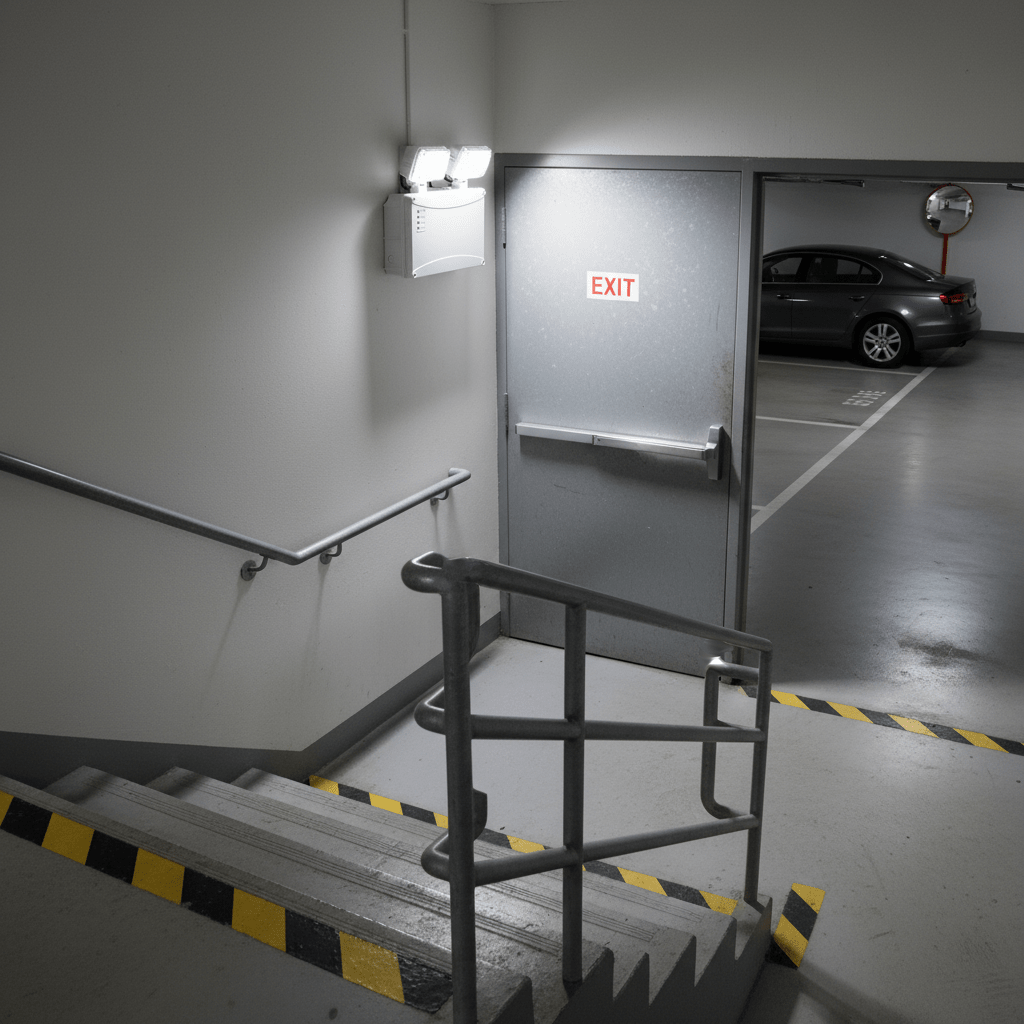 Emergency twin LED floodlight mounted above a stairwell, illuminating the exit door and steps.