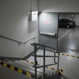 Emergency twin LED floodlight mounted above a stairwell, illuminating the exit door and steps.