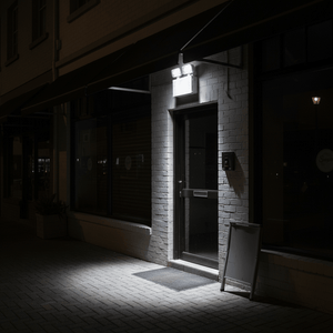 Emergency twin LED floodlight illuminating an entrance area at night, highlighting the doorway and pathway.
