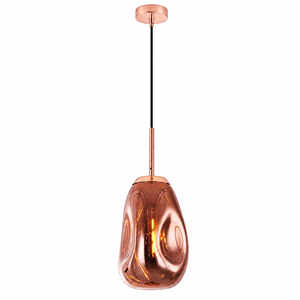 Copper pendant light with black cord, copper canopy, stem and glass shade showing filament bulb.