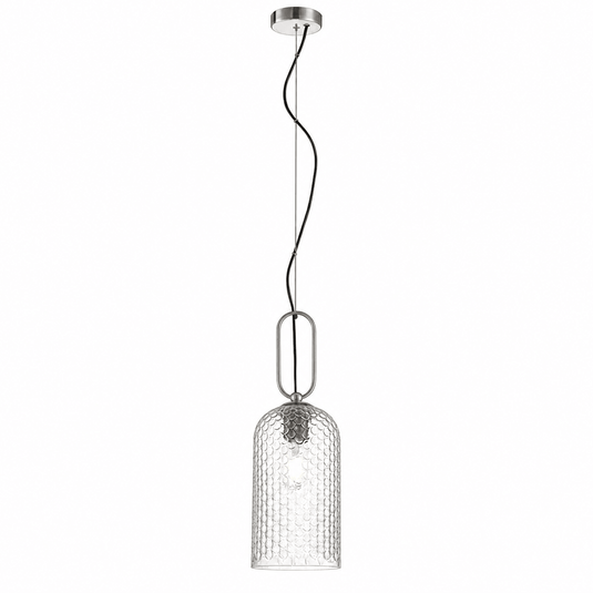 Clear glass pendant light with satin nickel accents, featuring a cylindrical design and hanging cord.