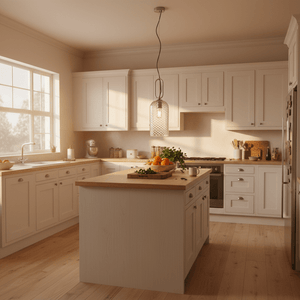A clear glass pendant light hangs above a kitchen island with fresh produce and wooden accents.