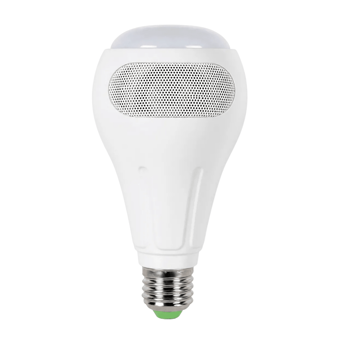 A white LED bulb with a rounded top and a mesh speaker grille, featuring a metallic base with a green accent.