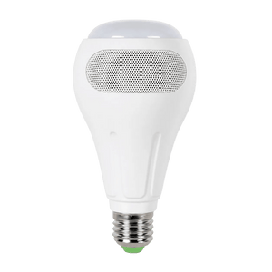 A white LED bulb with a rounded top and a mesh speaker grille, featuring a metallic base with a green accent.