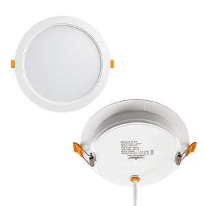Round LED downlight with a white finish, featuring orange clips and a smooth surface, shown from the front and back.