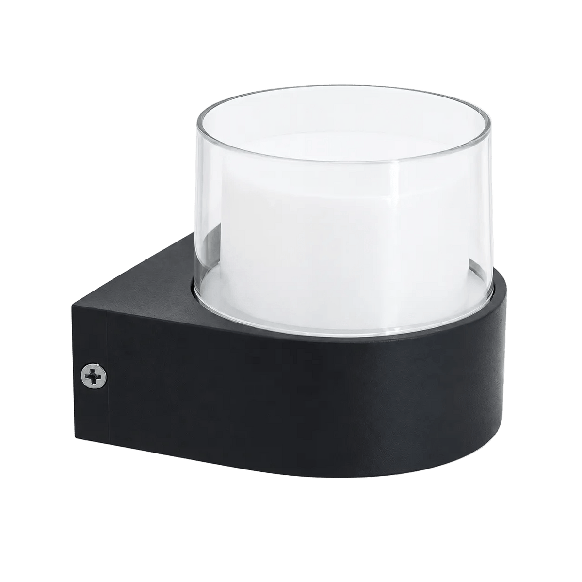 A black outdoor wall light with a cylindrical glass shade and a white inner fixture, featuring a sleek, modern design.