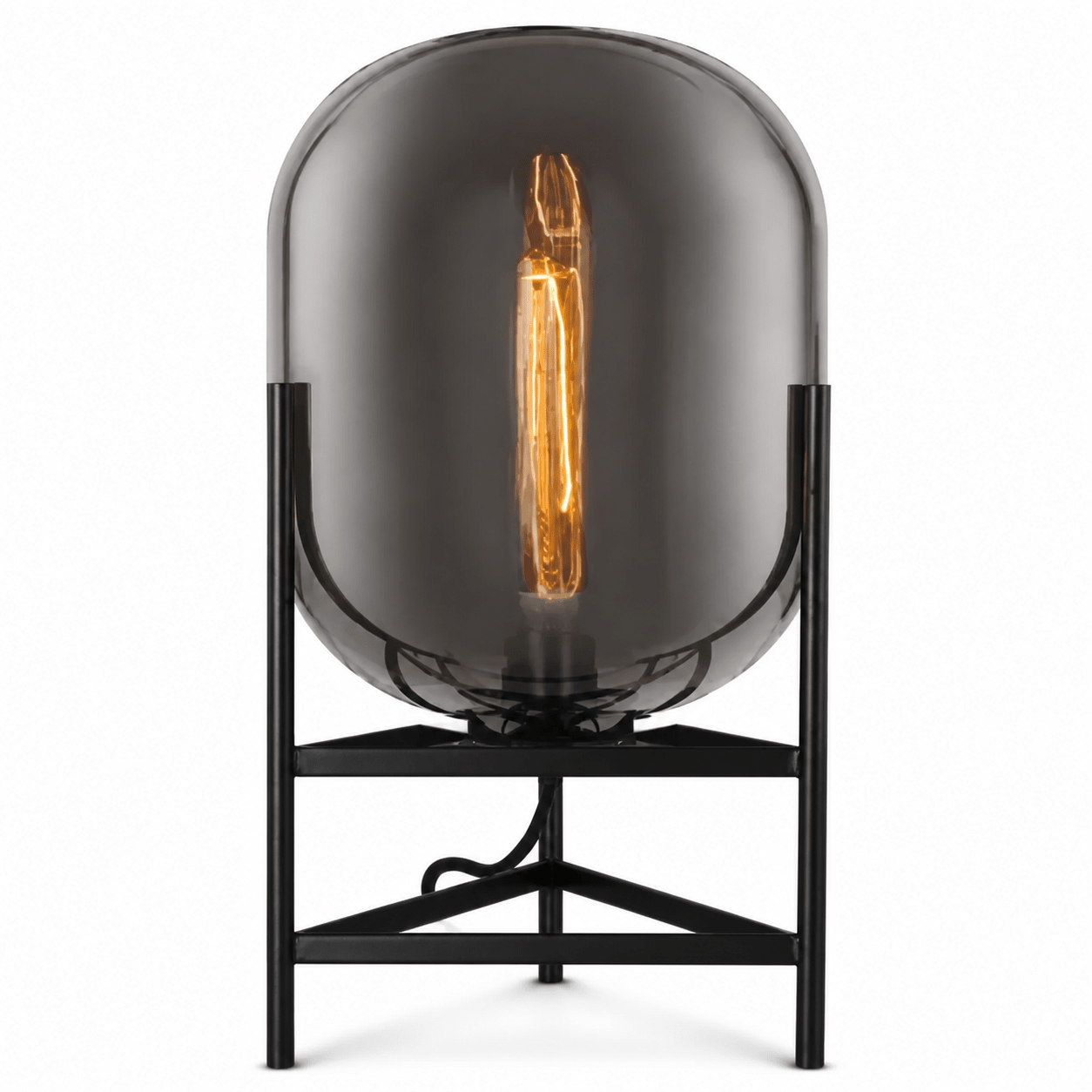 Bathurst Smoke Grey Table Lamp featuring a smoky-grey glass shade and modern black metal base.