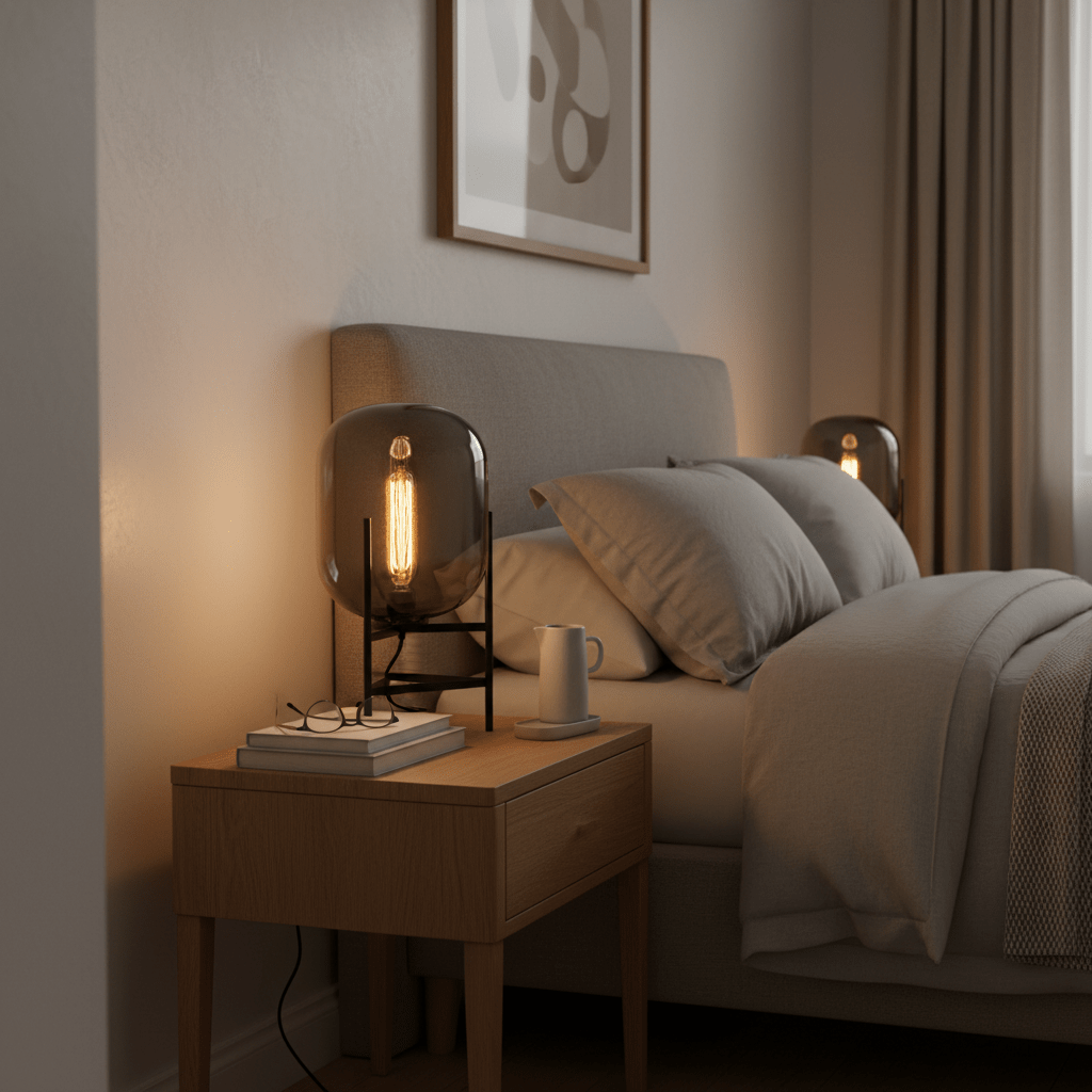 A stylish smoke grey table lamp on a bedside table, casting a warm glow in a cozy bedroom setting.