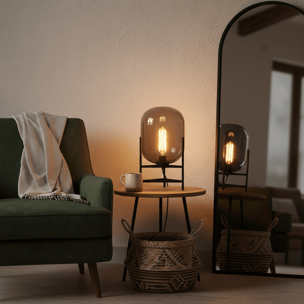 A stylish smoke grey table lamp on a wooden side table beside a green sofa, with a coffee cup and a woven basket.