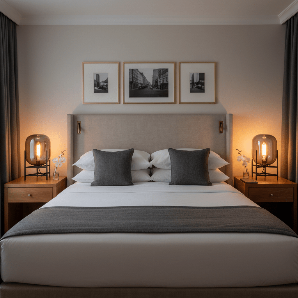 A stylish bedroom featuring the Bathurst Smoke Grey Table Lamp on a bedside table, casting a warm glow.