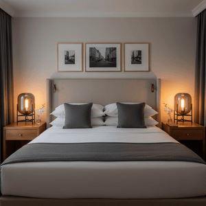 A stylish bedroom featuring the Bathurst Smoke Grey Table Lamp on a bedside table, casting a warm glow.