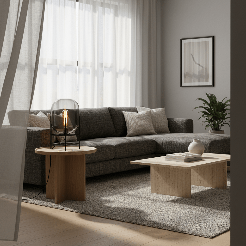 A stylish smoke grey table lamp on a wooden side table in a modern living room setting.