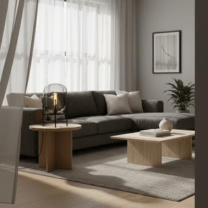 A stylish smoke grey table lamp on a wooden side table in a modern living room setting.