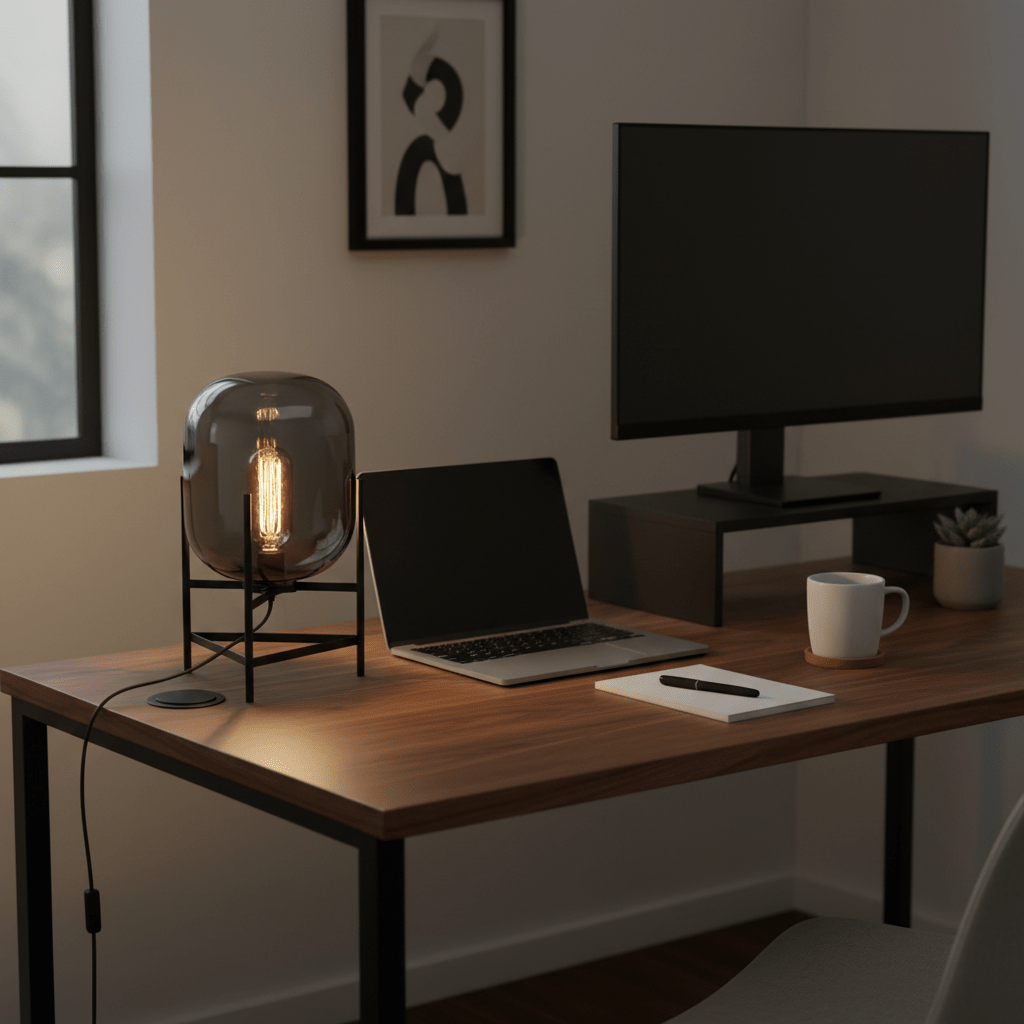 Bathurst Smoke Grey Table Lamp on a modern desk with a laptop, cup, and notebook, creating a cozy workspace.