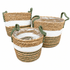 Set of three woven baskets featuring olive and white stripes with sturdy fabric handles.