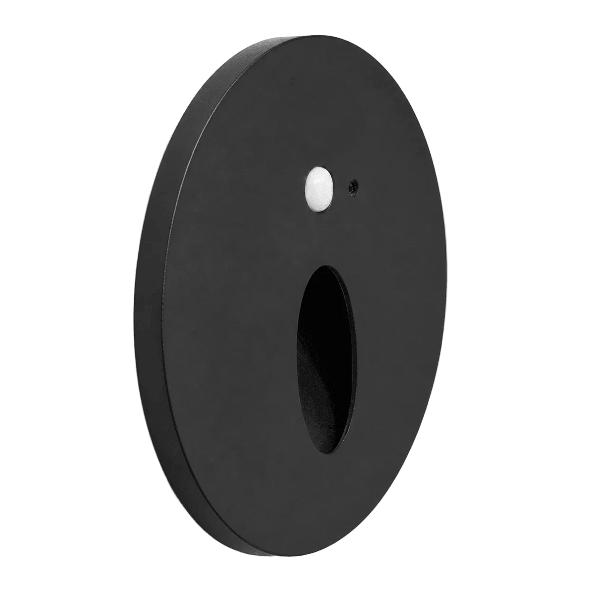 Black round foot light with a motion sensor, featuring a smooth finish and a small white sensor on the front.