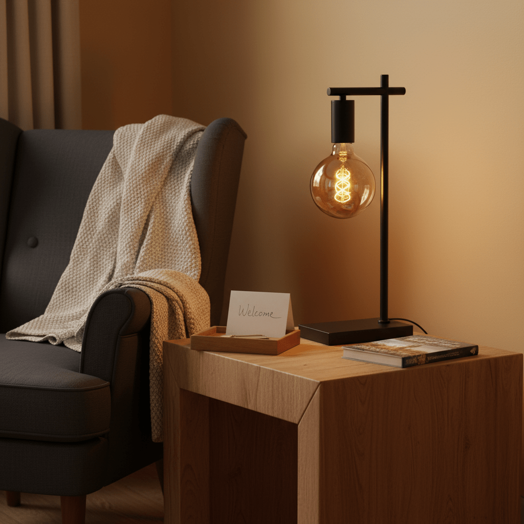 Black E27 table lamp on a wooden side table beside a cozy armchair, with a welcome note and books.