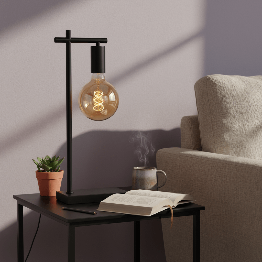 Black E27 table lamp on a side table with a book, coffee mug, and potted plant, creating a cozy reading corner.