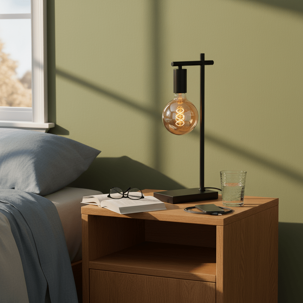 Black E27 table lamp on a bedside table with a book, glasses, and a glass of water.