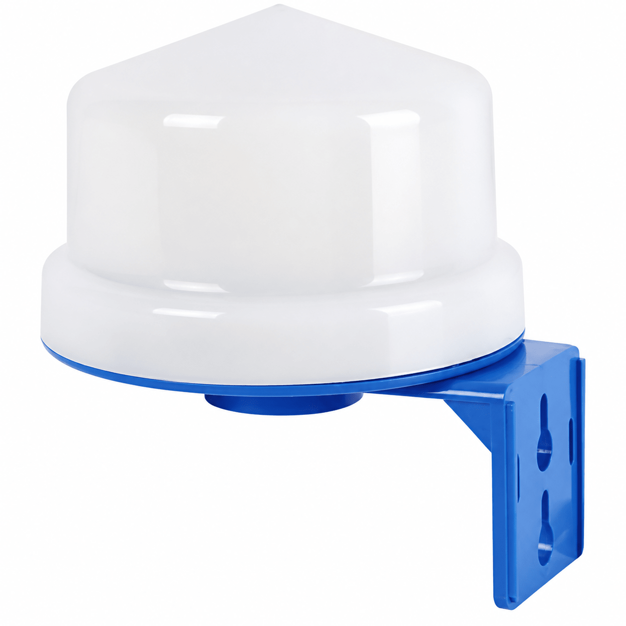 Outdoor Day Night Sensor with a white dome and blue mounting bracket for automatic lighting control.