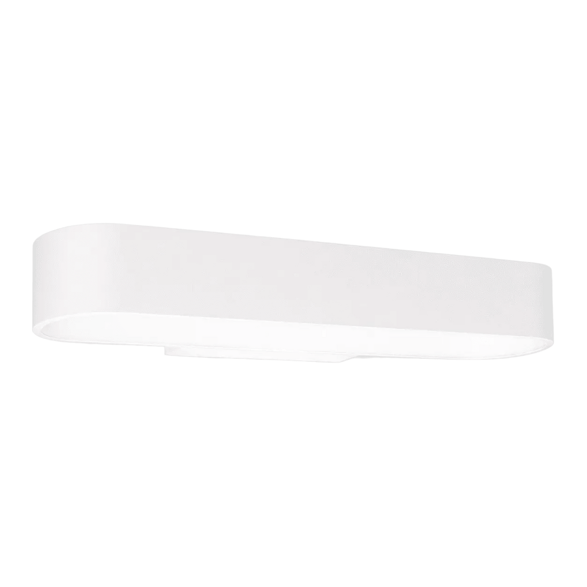White LED wall light with a smooth, curved design, featuring a matte finish and a minimalist aesthetic.