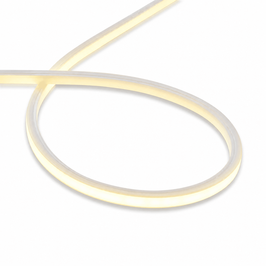 Flexible 3000K white back-bending neon LED strip light, showcasing its soft glow and silicone body.