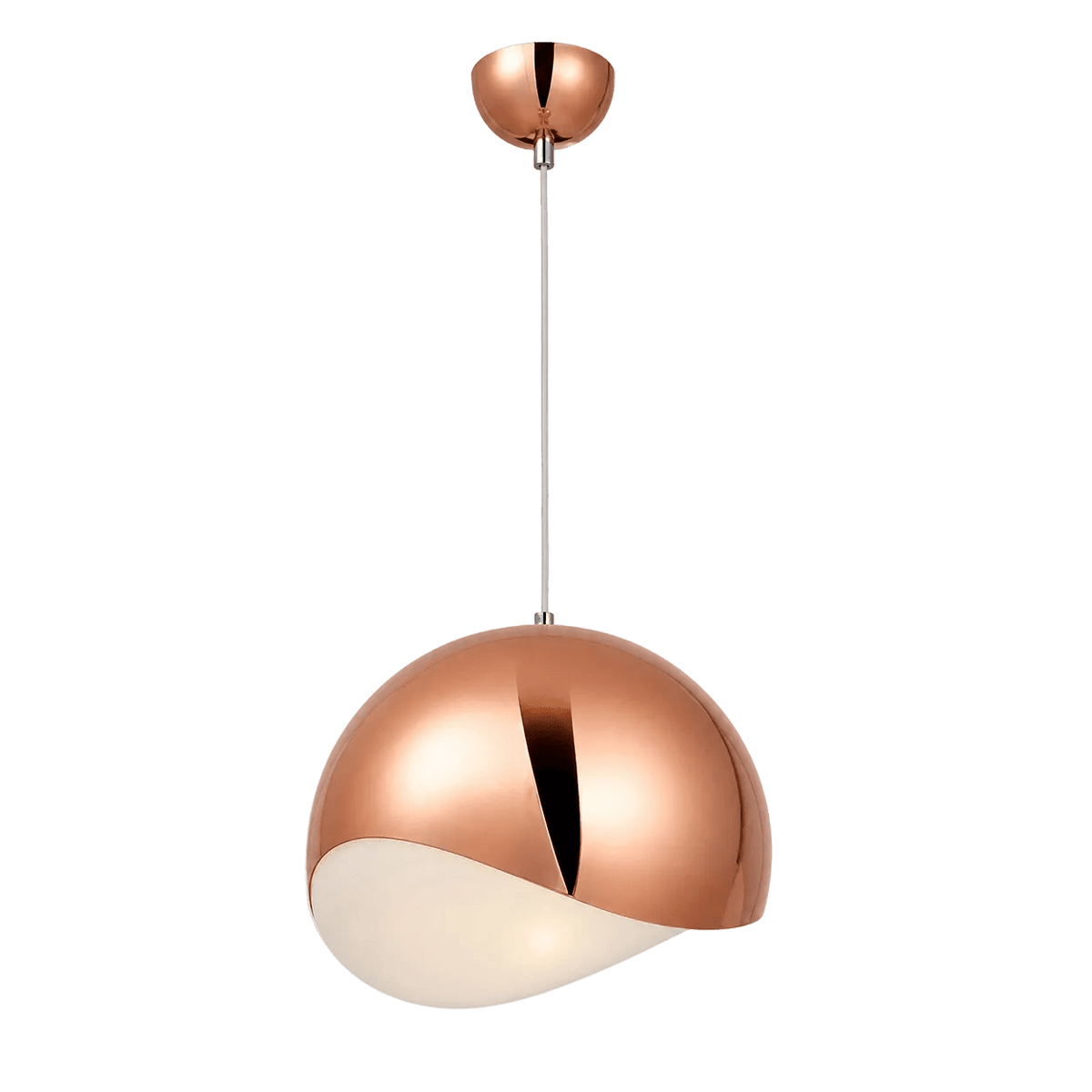 Rose gold pendant light with a glossy finish, featuring a curved design and a white lower section, suspended from a ceiling mount.