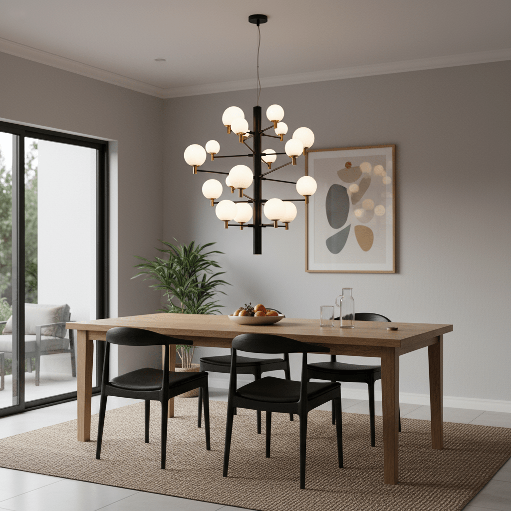 Stylish dining area featuring the TwentyOrb Black Pendant Light above a wooden table with black chairs.