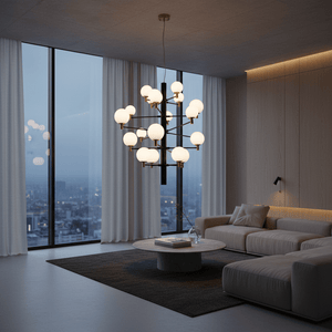 Modern living room featuring the TwentyOrb Black Pendant Light with opal glass orbs above a round coffee table.
