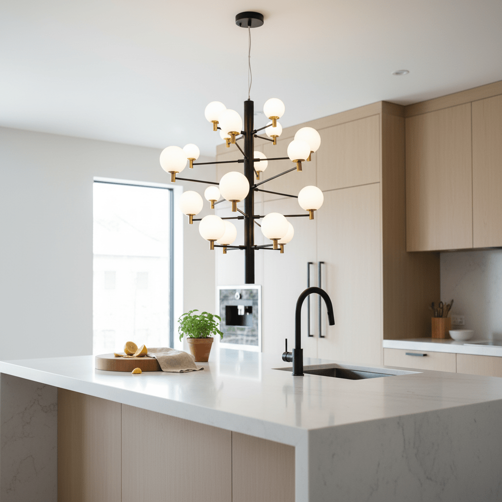 Modern kitchen featuring the TwentyOrb Black Pendant Light above a marble countertop with a plant and fruit.