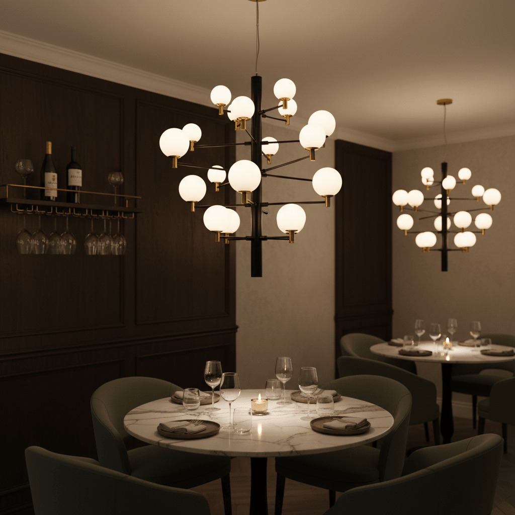 Elegant dining area featuring the TwentyOrb Black Pendant Light above a marble table, creating a warm ambiance.