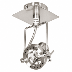 Satin chrome ceiling spotlight with adjustable swivel and tilt head for directional lighting.