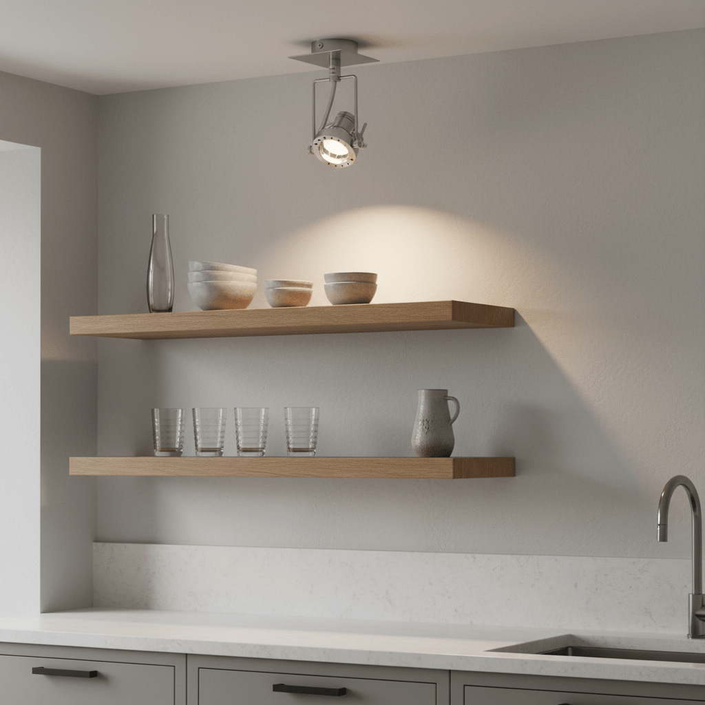 Satin chrome ceiling spotlight illuminating wooden shelves with bowls and glasses in a modern kitchen.