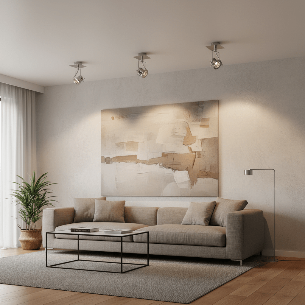 Satin chrome ceiling spotlight illuminating artwork above a modern sofa in a stylish living room.